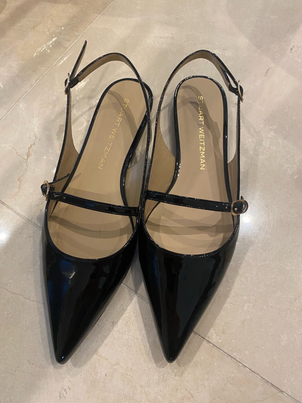 Stuart Weitzman Black Patent Pointed Slingback Flats